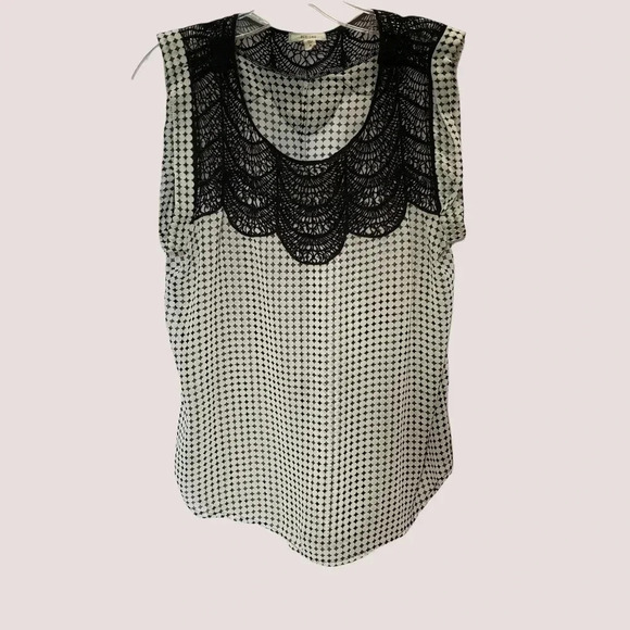 Pleione Tops - Pleione  White blk Polka Dot Crochet Knit Accent Blouse